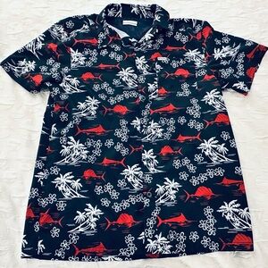 Columbia PFG Shirt Mens M Blue Red Hawaiian Floral Vented Mesh Short Sleeve
